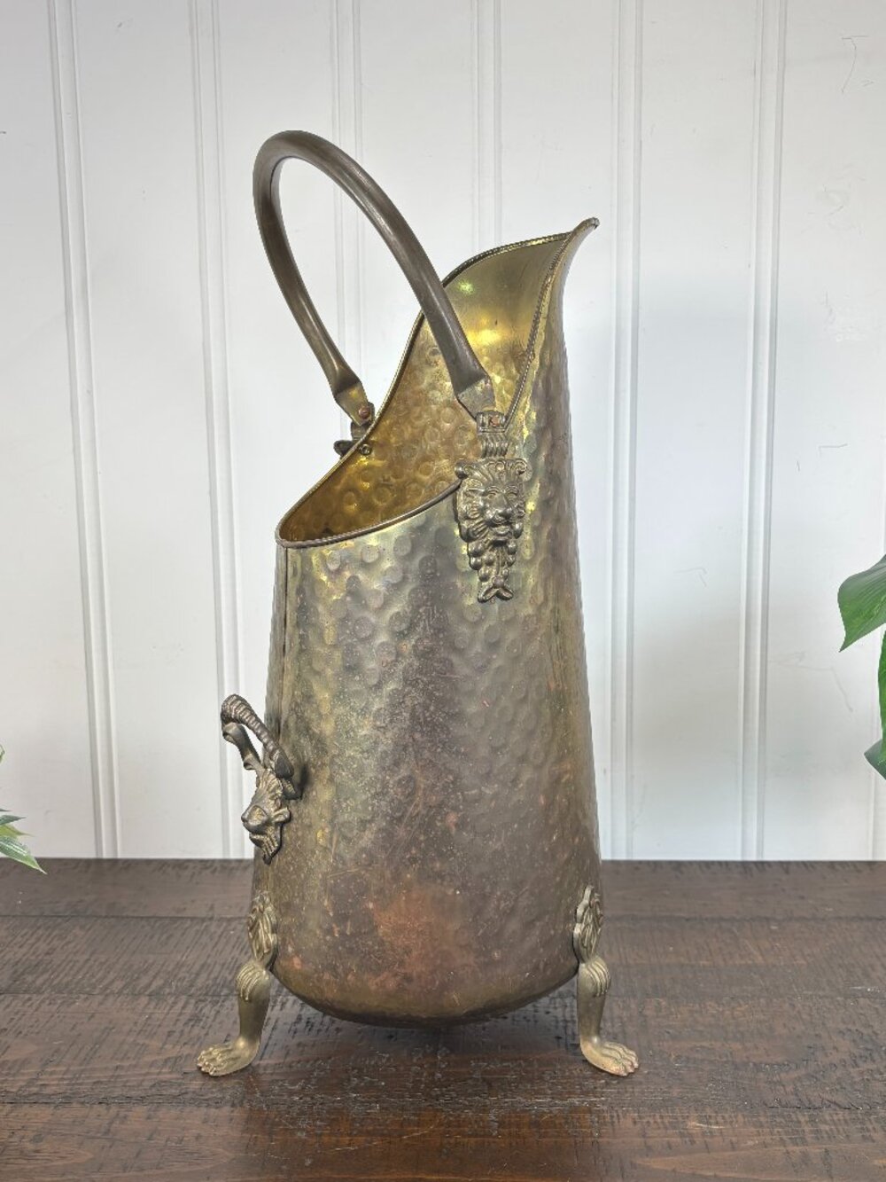 Vintage Hammered Brass Coal Hod, Lion Head Scuttle, Kindling Fireplace Bucket
